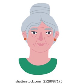 Retrato de una mujer mayor con el pelo gris hasta los hombros. Ilustración vectorial plana