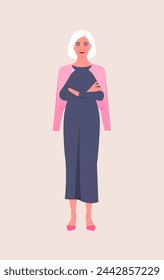 Portrait of an elderly woman stands full-length with arms crossed. Grandmother. Vector flat illustration