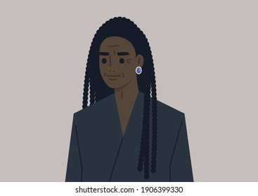 A portrait of an elegant adult Black woman wearing a classic outfit, age and lifestyle