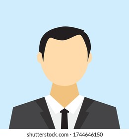 Portrait of elegant business man dressed in fashion suit and shirt with tie. Cartoon blank empty face head of young male with black short hair and small ears.