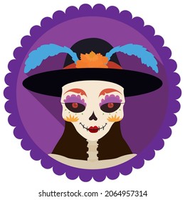 Portrait with elegant Catrina, wearing a fancy hat and its face decorated with traditional Mexican pattern in flat style and long shadow.