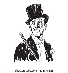 Portrait of the elegant cheerful man. Art Deco and Nouveau Epoch. The gentleman in a tuxedo and a top hat, holds a cane in hand. Hand drawn vector illustration,  engraved style