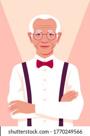 Portrait of an elegant elderly man. Successful businessman stands with arms crossed. Asian grandfather is smiling. Vector bright illustration in flat style.