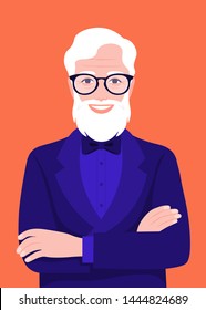 Portrait of an elegant elderly man in a suit. Successful businessman stands with arms crossed. Vector bright illustration in flat style