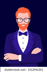 Retrato de un elegante europeo con los brazos cruzados. Avatar de un peinado rojo con un esmoquin y gafas. Ilustración brillante vectorial en estilo plano.