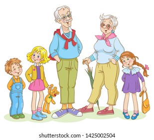 Portrait of an elegant fashionable grandparents with their grandchildren. In cartoon style. Isolated on white background.