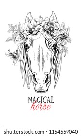 Portrait of a elegant horse with a flowers boho wreath. Magical horse - lettering quote. Poster, t-shirt composition, handmade print. Vector illustration.