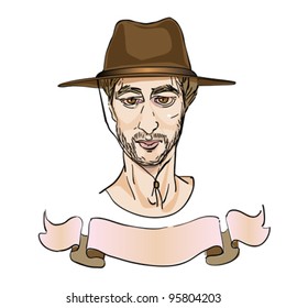 portrait of an elegant man with a cowboy hat, cartoon over white