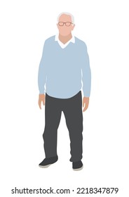 Portrait of elegant senior gray-haired man in modern casual clothes. Aged employee in street fashion outfit - blue sweater, black pants. Colored flat vector illustration isolated on white background