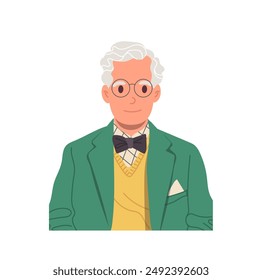 Portrait of elegant stylish senior old man flat cartoon character feeling positive and smiling