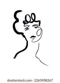 Portrait of an elegant woman with a long neck. Brush painted woman's portrait. Minimalist portrait. Female face contour. Hand drawn vector female. Line art.