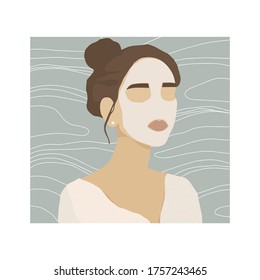 Portrait of an elegant woman. Makeup and accessories. Cosmetic procedures. Mask for the face. Dermatology, cosmetology, home skin care, and relaxation. Square background with abstract pattern. Vector