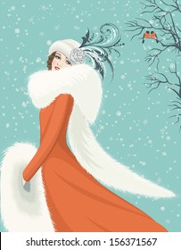 Portrait of elegant woman in a red coat with long fur collar on snowy background