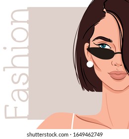 Portrait of an elegant woman with retro cat eye sunglasses. Brunette with a bob haircut. Hand drawn vector illustration. 