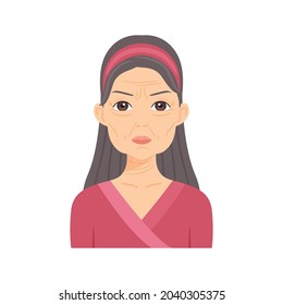 Portrait of Elegant Woman with Wrinkles on Face. Beautiful Elderly Lady of Caucasian Nationality, 60-70 Years Old. Female Character with Gray Hair. Cartoon style. White background. Vector illustration