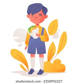 Portrait of an elementary school child. Cute happy boy eating sandwich, lunch. Smiling little student.  Childs nutrition. Flat vector illustration isolated on white background. 