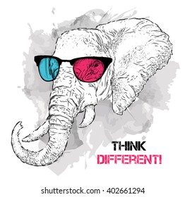 Portrait of the elephant in the colored glasses. Think different. Vector illustration.