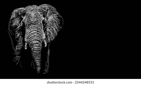 portrait of elephant line art in the dark background isolated with copy space