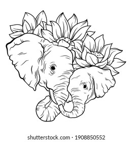 Portrait of elephants with a floral frame. Illustration of a mom with children in a flower wreath. Safari dweller. Zoo. African animal.