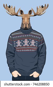 Portrait of a Elk in a man's knitted sweater with patterns in the form of little men