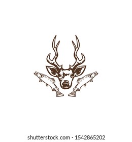 Portrait elk with two trout fish logo adventure concept