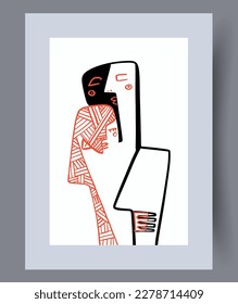 Portrait embrace scandinavian people wall art print. Contemporary decorative background with people. Printable minimal abstract embrace poster. Wall artwork for interior design.