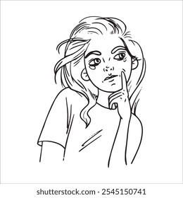 retrato de una chica triste emoción Doodle Dibujado a mano Ilustración vectorial lineal