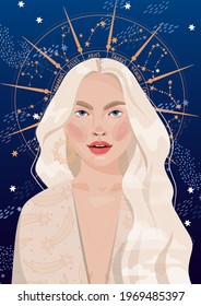 portrait of an esoteric girl. astrologer. zodiac signs. crown. starry sky. postcard poster avatar calendar