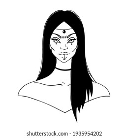 Portrait of an esoteric woman with black hair, gypsy or witch. Flat linear illustration isolated on white background.