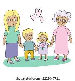 Portrait of european family. Mum and grandmum holding little boy and girl. Two siblings walk with older relatives