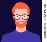 Portrait of a European man with red hair. Avatar of a bearded guy with glasses. Happy face. Vector flat illustration