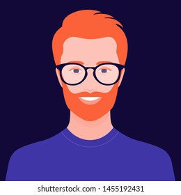 Portrait of a European man with red hair. Avatar of a bearded guy with glasses. Happy face. Vector flat illustration