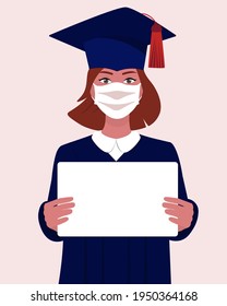 Portrait of a  european student in a medical mask with her arms crossed on her chest. The concept of celebrating the graduation ceremony in the context of a pandemic. Vector graphics.