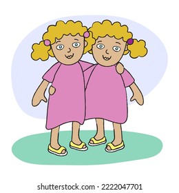Portrait of european twin sisters. Two identical girls hugging each other