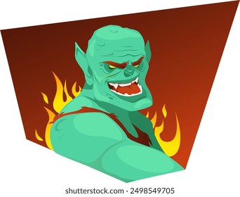 A portrait of an evil green demon on fire, a scary monster, goblin or orc