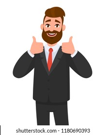 Portrait of excited business man dressed in black formal wear showing thumbs up sign. Deal, like, agree, approve, accept illustration concept in cartoon vector style.