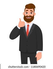 Portrait of excited business man dressed in black formal wear showing thumbs up sign. Deal, like, agree, approve, accept illustration concept in cartoon vector style.