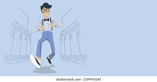 Portrait of an excited young school nerd guy walking. Funny nerd or geek walking. Funny portrait of young nerd with eyeglasses isolated on white background.