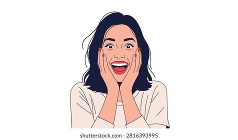 Portrait of an extremely excited and surprised young woman with her hands on her cheeks and mouth wide open.