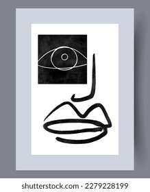 Portrait eye expressionism face wall art print. Printable minimal abstract eye poster. Contemporary decorative background with face. Wall artwork for interior design.