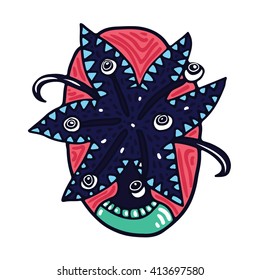 Portrait of eyed and toothy alien. Fictional creature from another planet. Vector cartoon character.