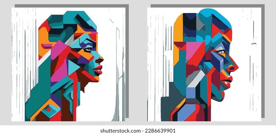 portrait face abstraction wall art illustration design vector. creative shape graphic design with textured geometric shapes. minimalistic abstract geometric faces. cubism silhouette girl or woman.