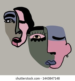 Portrait of a face in cubism style. Creative contemporary drawing. Nouveau doodle artwork