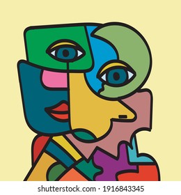 Portrait of a face in cubism style.  Creative contemporary drawing.  Doodle artwork.  Surreal face art.