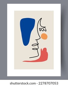 Portrait face female boho wall art print. Wall artwork for interior design. Printable minimal abstract face poster. Contemporary decorative background with boho.