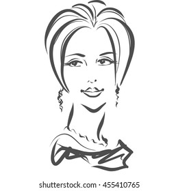 Portrait, face of girl. Luxury beautiful adult woman with perfect haircut in evening dress. Black and white vector, isolated drawing. Scribble, sketch style.  
