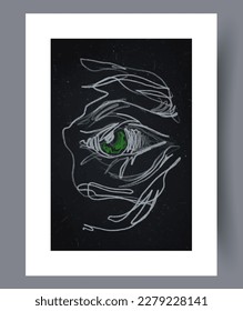 Retrato facial sombrío observación de la pared de la impresión de arte. Paredes de arte para el diseño interior. Fondo decorativo contemporáneo con observación. Afiche de carátula abstracta mínimo imprimible.
