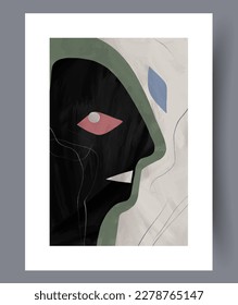 Portrait face nordic human wall art print. Contemporary decorative background with human. Printable minimal abstract face poster. Wall artwork for interior design.