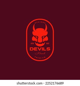 portrait face scare devil horned fanged flat badge vintage logo design vector icon illustration template