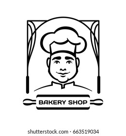 Portrait the face of a smiling man, a chef or a baker, surrounded by a rolling pin and Culinary frame of whisk. Black graphic vector for logo, isolated on background.